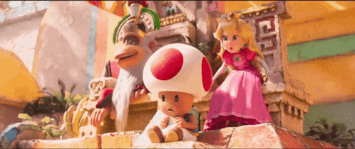 a group of cartoon characters including peach and toad