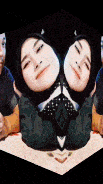 a man and a woman are posing for a picture and the woman has two faces on her face