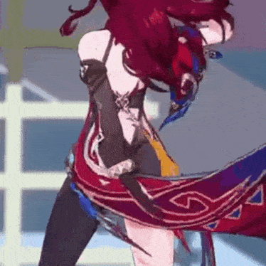 a woman with red hair is dancing in a video game while wearing a red and purple dress .