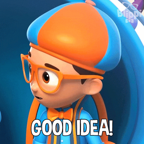 a cartoon character with glasses and a hat that says good idea