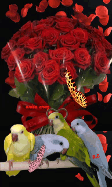 a bunch of red roses are surrounded by birds and a butterfly