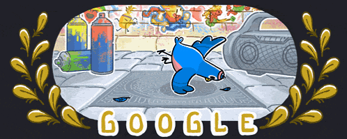 a cartoon of a bird doing a handstand in front of a wall that says google on it