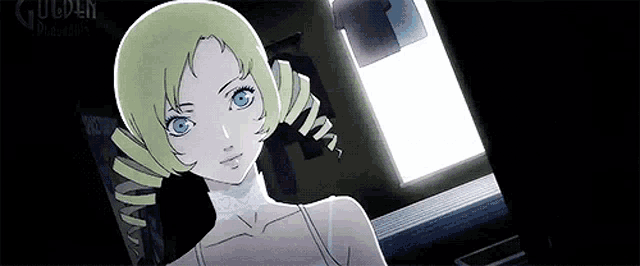 a woman with blonde hair and blue eyes is looking at the camera .