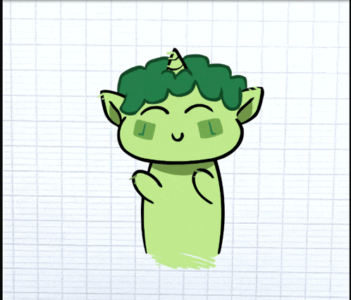 a pink cartoon character with glasses and a green cartoon character with green hair