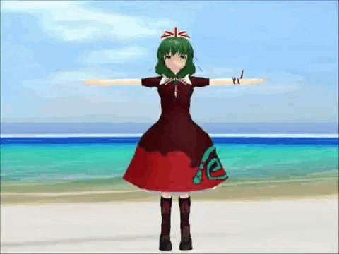 a green haired anime girl in a red dress is standing on a beach with her arms outstretched
