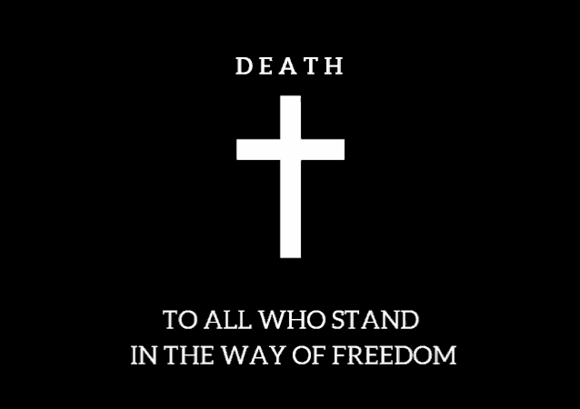 a white cross on a black background with the words death to all who stand in the way of freedom