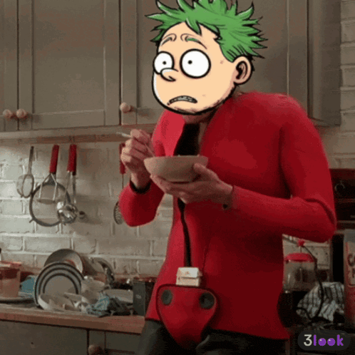 a cartoon character with green hair is holding a bowl of food in a kitchen