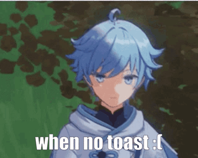 a blue haired anime character with the words when no toast .
