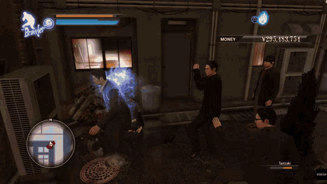 a video game screen shows a man being attacked by another man