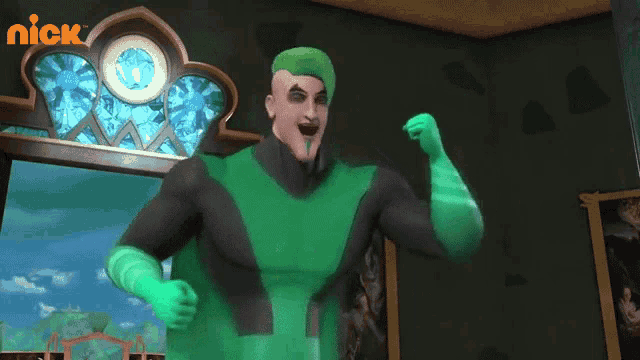 a man in a green and black superhero costume is flexing his muscles