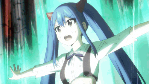 a girl with blue hair and horns is standing in front of a waterfall with her arms outstretched