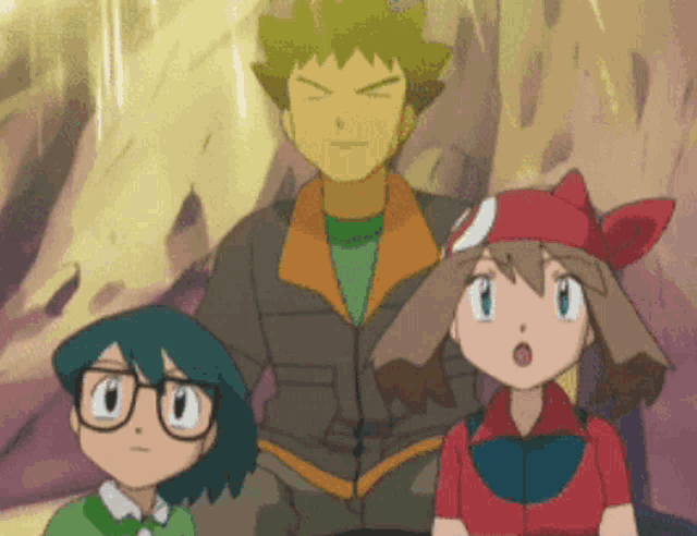 a group of cartoon characters including a boy with glasses and a girl with a red headband