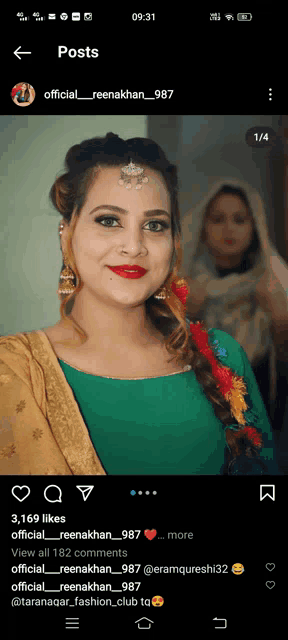 a woman in a green and gold dress is on a social media post