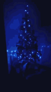 a christmas tree is lit up with blue lights and a person is standing in the background