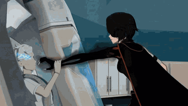 a couple of anime characters standing next to each other in a room