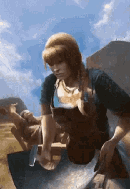 a woman in an apron is cutting a piece of metal with a saw .