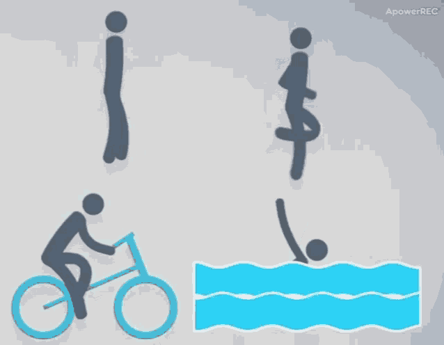 a drawing of a man riding a bike and a man swimming with a powerrec logo in the corner