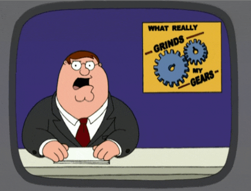 peter griffin is sitting at a desk with a poster that says what really grinds my gears