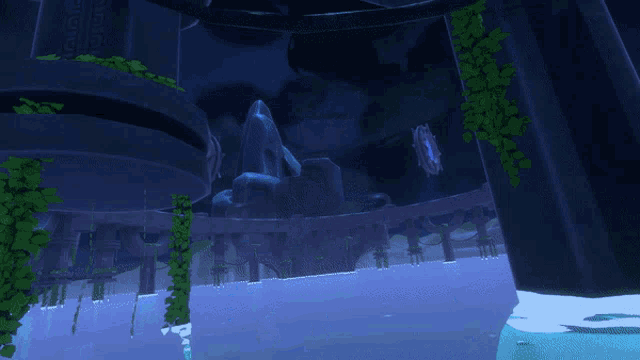 a computer generated image of a cave with a statue in the middle of it