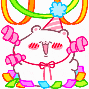 a cartoon drawing of a bear wearing a party hat and confetti