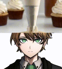 a close up of a person 's face next to a picture of cupcakes .