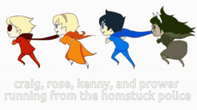 craig rose kenny and prower running from the homstuck police on a white background