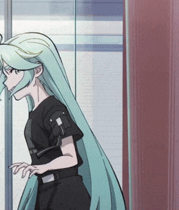 a girl with long green hair is standing in front of a window
