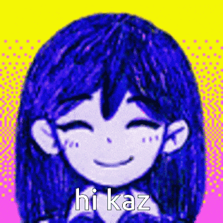 a drawing of a girl with blue hair and the words `` hi kaz '' on it .