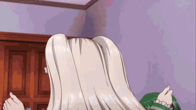 a girl with long white hair is standing in a room