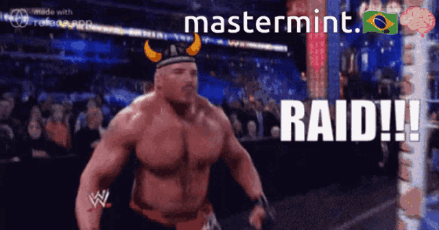 a man in a viking hat says " raid " in a wrestling ring