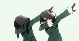 a couple of anime characters are standing next to each other and doing a dab .