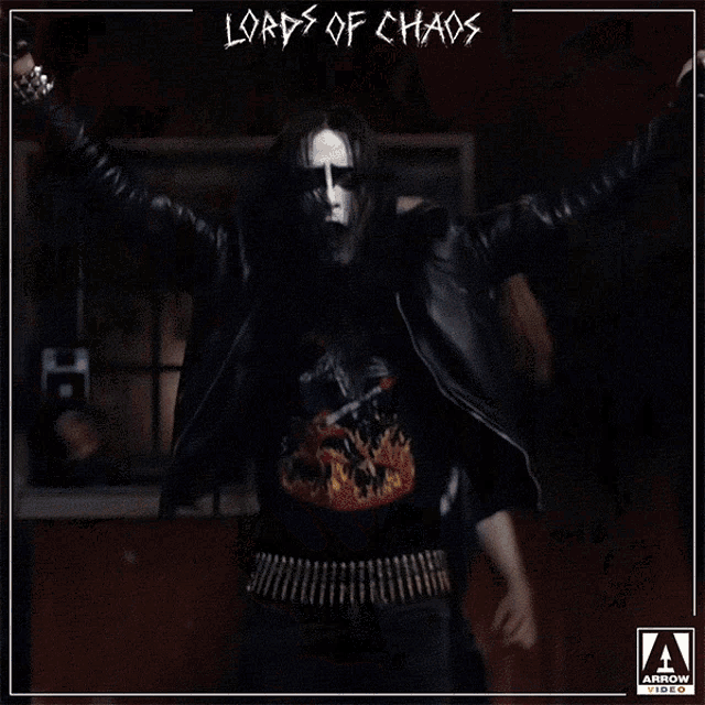 a poster for lords of chaos shows a man with long black hair