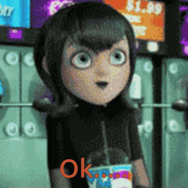 a cartoon character is holding a drink and the word ok is on the bottom