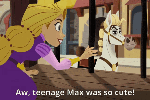 a cartoon of a girl and a horse with the words aw teenage max was so cute below them