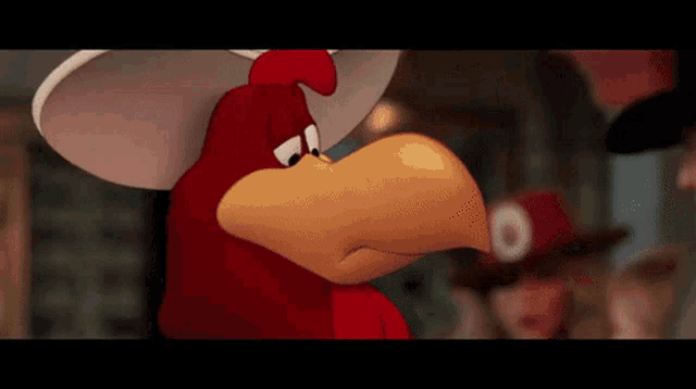 a cartoon rooster wearing a white hat and a red hat with the letter o on it