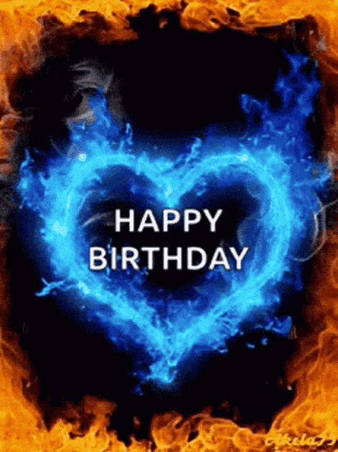 a happy birthday card with a heart made of blue flames