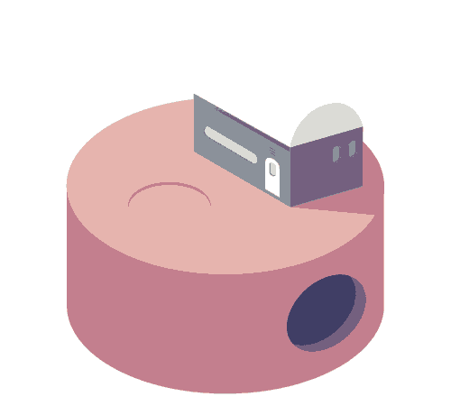 an isometric illustration of a house sitting on top of a pink cylinder