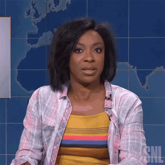 a woman in a plaid shirt is sitting in front of a snl sign