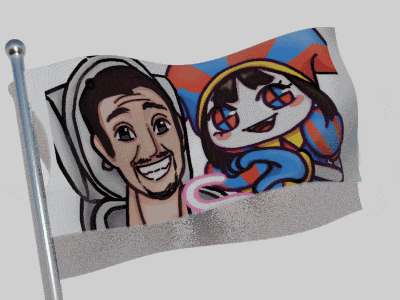 a flag with a cartoon of a man and a woman on it