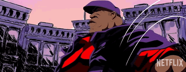 a cartoon of a man standing in front of a building with a netflix logo on his arm