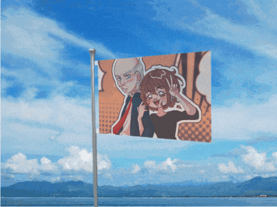 a flag with a man and a girl on it