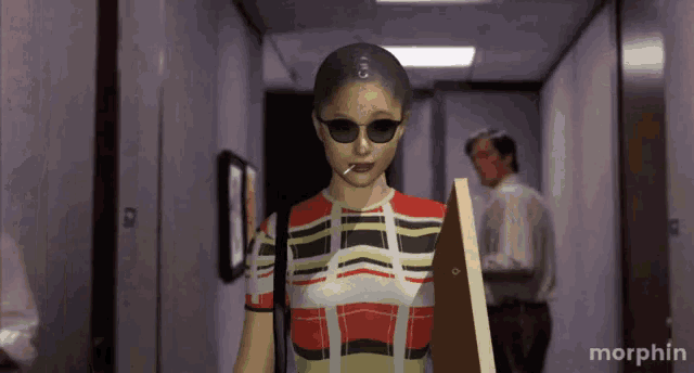 a computer generated image of a woman smoking a cigarette and holding a piece of wood with the word morphin below her