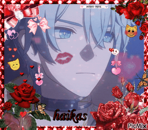 a picture of a boy with red roses and the name haikas on the bottom