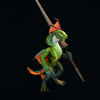 a green and orange dragon holding a sword