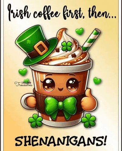 a cup of coffee with a leprechaun hat and bow tie is holding a thumbs up .