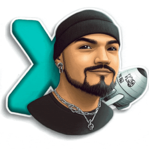 a man with a beard is wearing a black beanie and holding a microphone with the letter x in the background