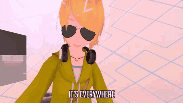 a cartoon character with sunglasses and headphones says " it 's everywhere "