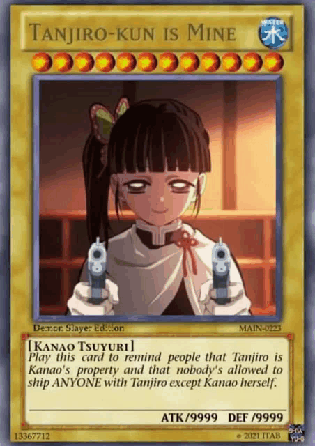 a card that says tanjiro-kun is mine with a picture of a girl holding two guns