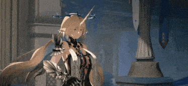 a person is holding a sword in a room with a blue light coming out of the sword .