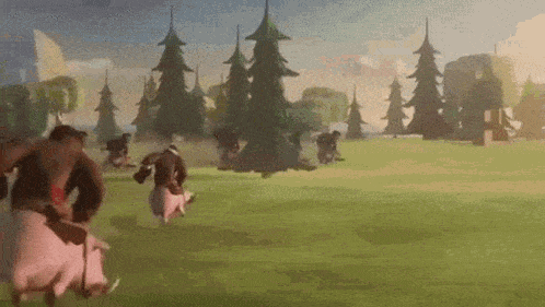 a group of pigs and bears are running through a field .